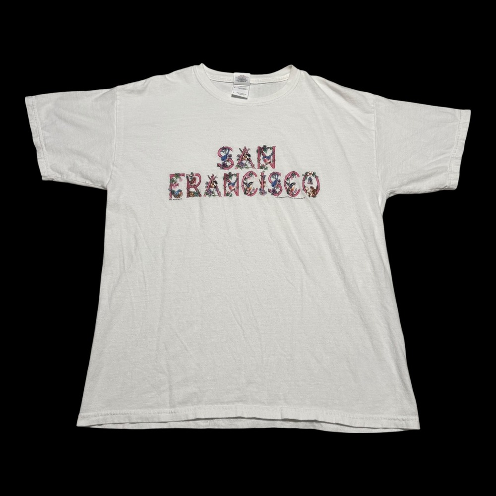 Gildan San Francisco California Floral Spell Out White Shirt Men's Large